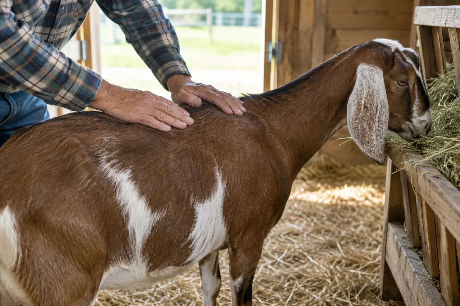 A farmer’s hands feel along a doe’s spine and ribs to check body condition in a straw-bedded barn