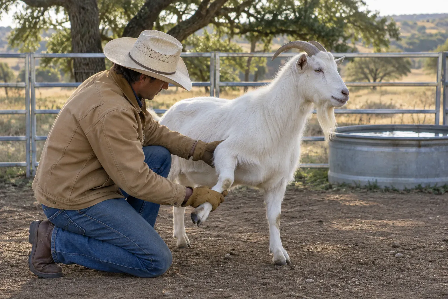 A rancher in work gloves inspects a healthy goat’s legs and coat in a clean pen during late afternoon